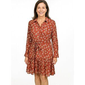 YEST Floral Dress Burgundy Gold Thread Women’s 6 Long Sleeve Button Boho Midi